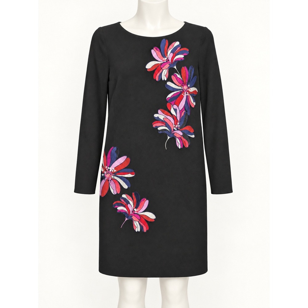 Trina Turk Black Floral Embroidered Long Sleeve Shift Dress Size 8 Pockets